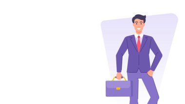 Takım elbiseli karikatür işçisi, evrak çantalı kurumsal afiş tasarımı tasarımı, vektör düz çizim. Gülümseyen iş adamı kravat yöneticisinin lideri çalışan bankacı avukat ofis çalışanı patron.