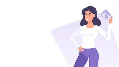 Nakit paralı banknot banknotlu iş kadını tasarım tasarımı vektör düz çizim. Çizgi film kadın karakteri maaş zenginliğini finansal bankacılık kazancını gösteriyor.