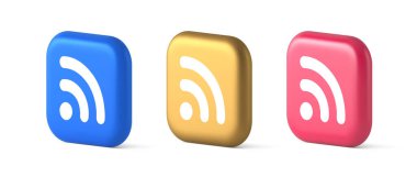 Wifi kullanılabilir erişim düğmesi kablosuz internet bağlantı sinyali 3D gerçekçi mavi altın ve pembe simgeler. Wi fi ağı küresel çevrimiçi trafik paylaşım hizmeti veri iletişim istasyonu