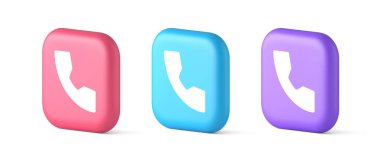 Telefon görüşmesi iletişim düğmesi web uygulama tasarımı 3D gerçekçi pembe ve mor simgeler. El seti cep telefonu bağlantı internet servis elemanı