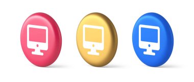 Bilgisayar monitörü bağlantı düğmesi siber uzay dijital teknolojisi 3D gerçekçi mavi altın ve pembe ikonlar. İnternet taraması eğlence ekranı uygulama arayüzü paneli