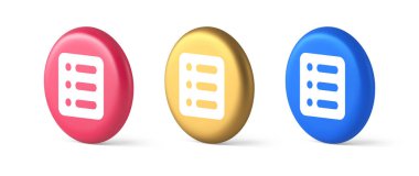 Gündem listesi yapmak için önemli mesaj düğmesi organizatörü iş yönetimi 3D gerçekçi mavi altın ve pembe simgeler. Not listesi sayfa belgesi kullanıcı arayüzü dijital paneli