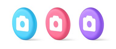 Kamera multimedya uygulama içeriği oluşturma dijital düğme 3d gerçekçi mavi pembe ve mor simgeler. Fotoğraf video çekimi medya ağı uygulaması navigasyon klavye kullanıcı arayüzü paneli