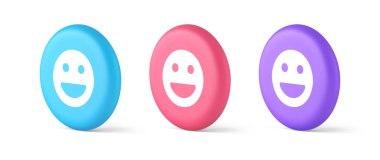 Gülen surat, gülen surat, gülen surat, gülen sosyal ağ tepkisi mutlu ifade 3D gerçekçi mavi pembe ve mor simgeler. Neşeli karakter web uygulaması gibi iyi ruh hali