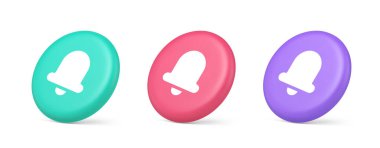 Handbell ses bildirim düğmesi gelen mesaj bildirim 3D gerçekçi yeşil pembe ve mor simgeler. Çan sesi alarmı çevrimiçi uyarı ağı sohbeti