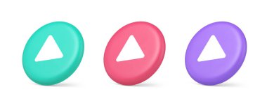 Düğme üçgeni sağ ok multimedya içerikli oyuncu web uygulama tasarımı 3d gerçekçi yeşil pembe ve mor simgeleri oynat. Ses video ortamı işaretleyici klavye mobil arayüzünü başlat