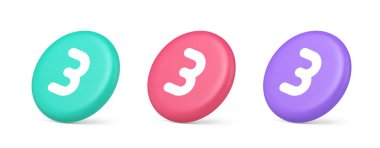 Üç numaralı internet iletişimi mesaj karakteri 3 boyutlu gerçekçi yeşil pembe ve mor simgeler. Üçüncü rakam klavye amblemi matematiksel sayım finansal iş