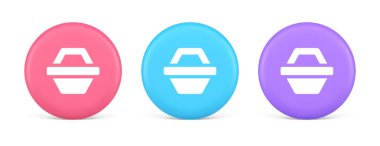 Dükkan arabası dijital perakende satış düğmesi küresel pazar uygulaması tasarımı 3D gerçekçi pembe ve mor simgeler. Alışveriş sepeti pazarlama süpermarketi çevrimiçi servisi