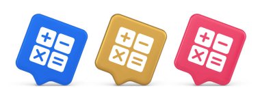 Matematik hesaplama düğmesi muhasebe bakiyesi matematik finansal klavye 3D gerçekçi konuşma balonu mavi altın ve pembe ikonlar kontrol. Elektronik teknoloji web uygulamasını hesapla