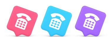 Müşteri desteği bağlantı düğmesi retro telefon ahizesi 3D gerçekçi konuşma balonu pembe ve mor simgeler. Yardım hattı merkezi kullanıcı arayüzü internet gezinme paneli