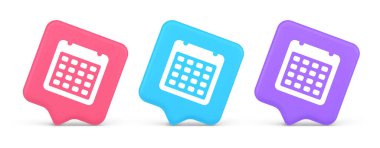 Takvim çizelgesi düğmesi ajanda randevusu hatırlatıcısı 3d gerçekçi konuşma balonu pembe ve mor simgeler. Tarih planlayıcısı tatil günü listelemek için yıllık önemli olay tatili