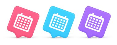 Ajanda düzenleyici düğmesi listeleme gündem hatırlatma servisi 3d gerçekçi konuşma balonu pembe ve mor simgeler. Takvim önemli buluşma zamanı randevu zamanı web uygulama tasarımı