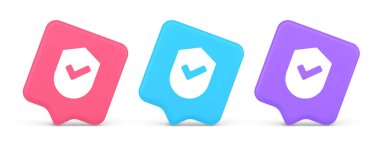 İşaretleme düğmesi başarı koruması onaylandı parola web uygulaması 3D gerçekçi konuşma balonu pembe ve mor simgeler. Onaylı koruma doğru veri sigorta işaretini kabul et