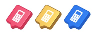 Hesap makinesi düğmesi matematiksel sayı sayımı web uygulama tasarımı 3d gerçekçi konuşma balonu mavi altın ve pembe ikonlar. Matematik hesaplaması dijital finansal hesaplama kullanıcı arayüzü paneli