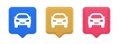 Araba otomobili şehir trafiği taşımacılık kira onarım 3D gerçekçi konuşma balonu mavi altın ve pembe ikonlar. Otomobil yolculuğu yolcusu taksi servisi kullanıcısı çevrimiçi web uygulaması