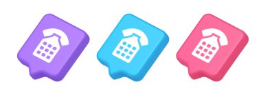 Telefon görüşmesi iletişim ağı yardım hattı 3D gerçekçi konuşma balonu mor ve pembe ikonlar. Telefon bağlantısı kullanıcı arayüzü müşteri destek merkezi