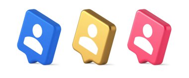 İrtibat personeli çağrı düğmesi kurumsal üye iletişimi internet sohbet servisi 3D gerçekçi konuşma balonu mavi altın ve pembe ikonlar. Sosyal ağ hesabı kullanıcı avatar gezinme paneli
