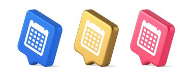 Takvim çizelgesi düğmesi ajanda randevusu hatırlatıcısı 3D gerçekçi konuşma balonu mavi altın ve pembe simgeler. Tarih planlayıcısı tatil günü listelemek için yıllık önemli olay tatili