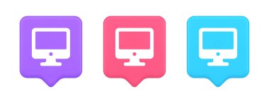 Bilgisayar monitörü bağlantı düğmesi siber uzay dijital teknolojisi 3D gerçekçi konuşma balonu pembe ve mor simgeler. İnternet taraması eğlence ekranı uygulama arayüzü paneli