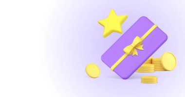 Satış piyangosunu hediye kutusundan nakit para ile kazanan 3D ikon animasyon döngüsü. Galibiyet ödülü, kumar bahsi, şans ödülü sürprizi.