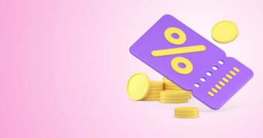 Altın sikke 3D ikon animasyon döngüsü ile indirimli indirim kuponu alışverişi özel teklifi. Mağaza süpermarketinin tanıtım biletleri perakende ticari tasfiye için ucuz fiyat