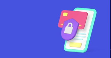 Çevrimiçi bankacılık uygulaması para koruma transfer akıllı telefon hizmeti 3D ikon animasyon döngüsü. İnternet bankası mali işlem güvenliği nakitsiz ödeme verisi sanal hesabı