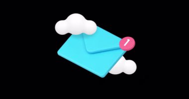 Gelen ileti iletisi bulutu elektronik posta depolama sunucusu 3d alfa kanallı simge canlandırma döngüsü. Zarf bildirimi okunmamış dijital posta kutusu hatırlatıcı haber iletisi alır