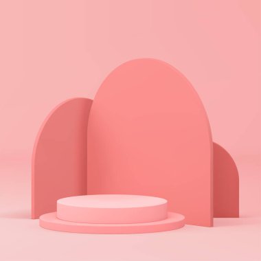 Kozmetik ürün sunumu için 3D pembe podyum kaidesi şık modeli gerçekçi vektör illüstrasyonunu gösteriyor. Reklam için Pastel feminen silindir geometrik yarı daire duvar arkaplanı