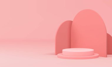 Güzellik ürünü için Pembe 3D sergi salonu zarif podyum kaidesi gerçekçi vektör illüstrasyonunu gösteriyor. Pastel feminen moda vitrin reklam alanı iç ticari geometrik görüntü sunumu