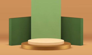 3d altın bej podyum kaidesi lüks ürün sunumu için modellenir gerçekçi vektör illüstrasyonunu gösterir. Yeşil kare duvar arkaplanlı şık geometrik vitrin silindiri sahnesi