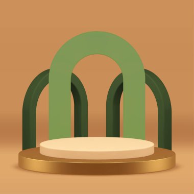 Lüks 3d altın podyum kaidesi sunum için yeşil kemerli duvar arkaplanı gerçekçi vektör illüstrasyonu. Premium silindir sahne platformu bej gösteri salonu reklamları tarafsız alan gösterimi