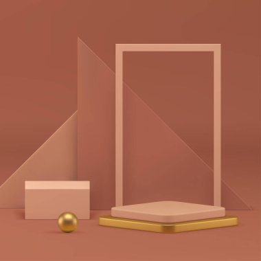 Gerçekçi vektör illüstrasyonunu göstermek için 3D lüks bej renkli podyum kaidesi. Sunum için üçgen duvar arkaplanı dikdörtgen çerçeve küresi ile mükemmel bir eşkenar dörtgen altın platform