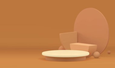 Gerçekçi vektör illüstrasyonunu göstermek için bej 3d geometrik uzay nötr podyum kaidesi. Ürün sunumu için yarı daire duvar arkaplanı olan Pastel kahverengi showcase silindir sahnesi