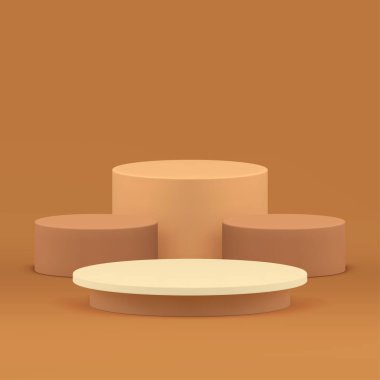 Tarafsız 3d silindir podyum kaidesi bej reklam vitrini gerçekçi vektör illüstrasyonu. Kahverengi pastel yuvarlak sergi salonu geometrik standı ürün ticari sunum satış gösterisi