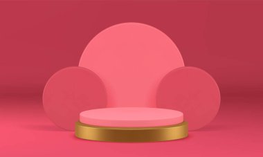 Yarı daire duvar arkaplan gerçekçi vektör illüstrasyonlu Pembe 3d podyum kaidesi. Zarif kadın prim vitrini güzellik kozmetik ürün sunumu için hazırlanıyor.