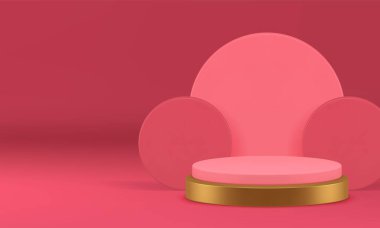 3D showroom lüks pembe zarif podyum kaidesi gerçekçi vektör illüstrasyonu için. Birinci sınıf kadınsı reklam vitrini. Altın silindir standı, yarı daire duvar arkaplanı.