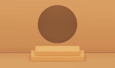 3d bej renkli vitrin kare basamak podyumu, çember duvar arkası gerçekçi vektör illüstrasyonuyla. Tarafsız pastel sergi salonu kaidesi ticari sahne kozmetik ürün sunumu için hazırlanıyor