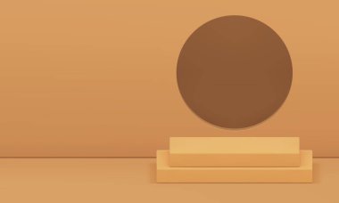 3d bej renkli nötr sergi salonu iç podyum kaidesi gerçekçi vektör illüstrasyonunu göstermek için. Moda geometrik reklam odası sunum için çember duvar arkaplanı ile kare adım sahne
