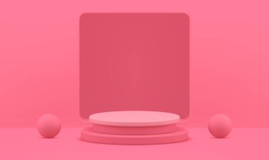 Kozmetik ürün sunumu için Pembe 3d podyum kaidesi görünümü gerçekçi vektör illüstrasyonunu gösterir. Zarif kadın geometrik duruş silindiri platformu kare duvar arkaplanı