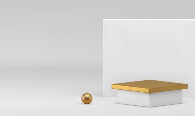 Ürün için lüks beyaz 3d podyum alanı geometrik iç tasarımı gerçekçi vektör illüstrasyonunu gösterir. Altın eşkenar dörtgen kaidesi ışık kare duvar arkaplanı ile en iyi reklam görüntüsü
