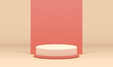 Kozmetik ürün için 3d nötr podyum kaidesi sunumu gerçekçi vektör illüstrasyonunu gösteriyor. Reklam için duvar arkaplanı olan Pastel bej renkli silindir ticari vitrin