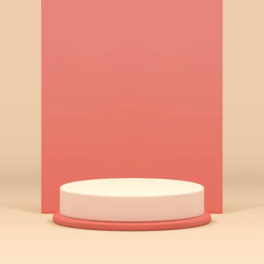 3d silindir podyum kaidesi ve nötr duvar arkaplanı gerçekçi vektör illüstrasyonunu gösteriyor. Bej rengi pastel, satış ürünü ticari sunumu için reklam vitrini.