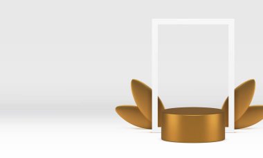 Ürün için beyaz 3D lüks galeri altın podyum kaidesi gerçekçi vektör illüstrasyonunu gösteriyor. Ticari sunum için yaprakları ve dikdörtgen çerçeveli zarif ışık gösterisi silindir sahnesi