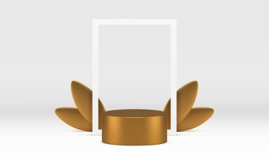 Yapraklı 3d silindir altın podyum kaidesi ve çerçeve gerçekçi vektör illüstrasyonu. Alışveriş satışı için beyaz dikdörtgen kenarlı şık lüks reklam vitrini.