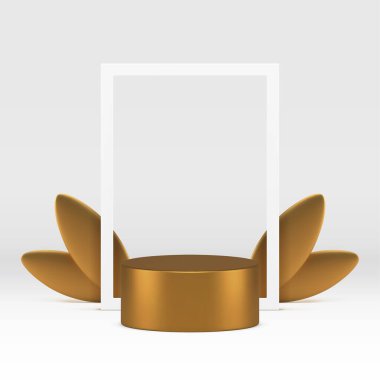 Altın 3d podyum kaidesi beyaz showroom sunumu gerçekçi vektör illüstrasyonu. Ürün için yaprakları ve dikdörtgen çerçeve çerçeve arka planı olan lüks metalik silindir sahne platformu