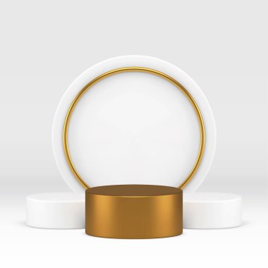Ürün için 3d altın silindir podyum kaidesi beyaz vitrin gerçekçi vektör illüstrasyonunu gösteriyor. Çember çember duvar arkaplan ticari sunum alışveriş satışıyla lüks metalik yuvarlak ekran