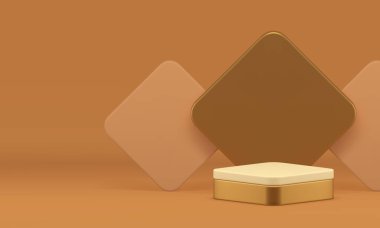 3D altın eşkenar dörtgen podyum galerisi bej geometrik duvar arka plan gerçekçi vektör illüstrasyonuyla. Lüks metalik kaidesel nötr pastel vitrin premium ürün satışı için hazırlanıyor.