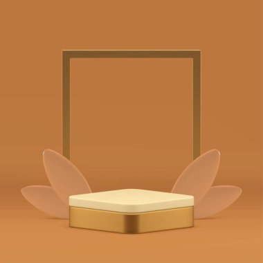 3D altın eşkenar dörtgen podyum, yapraklar ve çerçeve bej vitrin gerçekçi vektör çizimi. Ürün sunumu için zarif kahverengi premium geometrik kaidesel platform nötr showroom