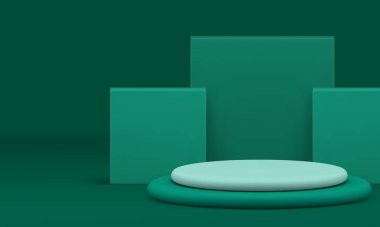 Gerçekçi vektör illüstrasyonu için yeşil 3d sergi salonu geometrik podyum kaidesi. Ürün gösterimi için kare duvar arkaplanı olan modaya uygun minimalist reklam tüpü silindir görüntüsü