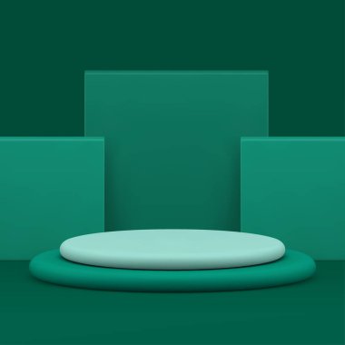 Ürün sunumu için 3d silindir yeşil geometrik sahne gerçekçi vektör illüstrasyonunu gösterir. Alışveriş tanıtımı için son moda minimalist kaidesel reklam gösterisi